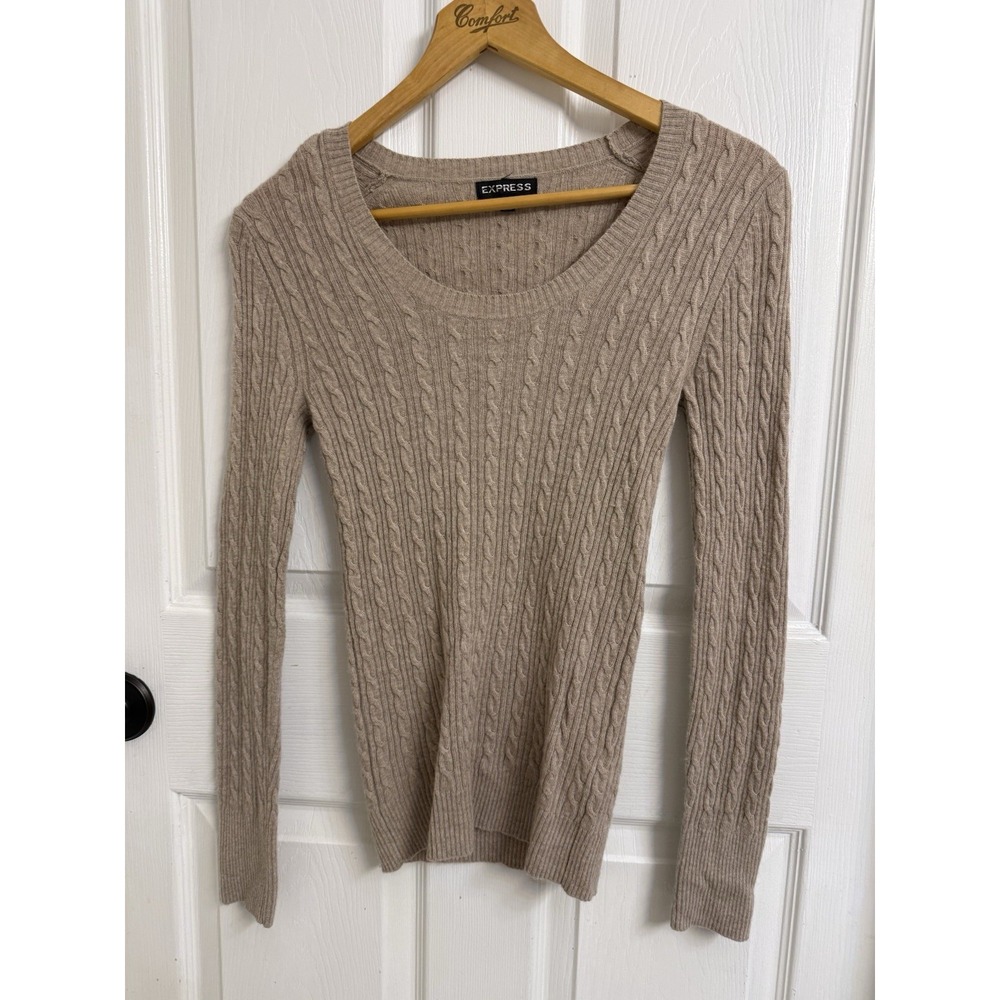 Express 100% Cashmere Scoop Neck Cable Knit Sweater Tan Pullover Women's Small